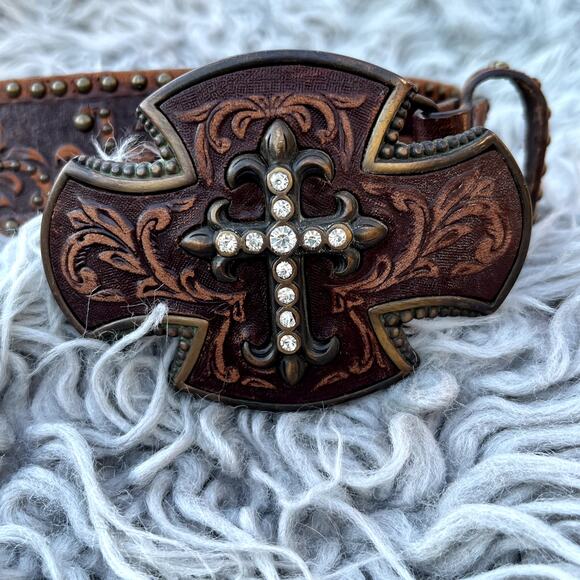 Tony Lama Studded Tooled Brown Leather Belt Buckle Rhinestone Cross Womens 32
